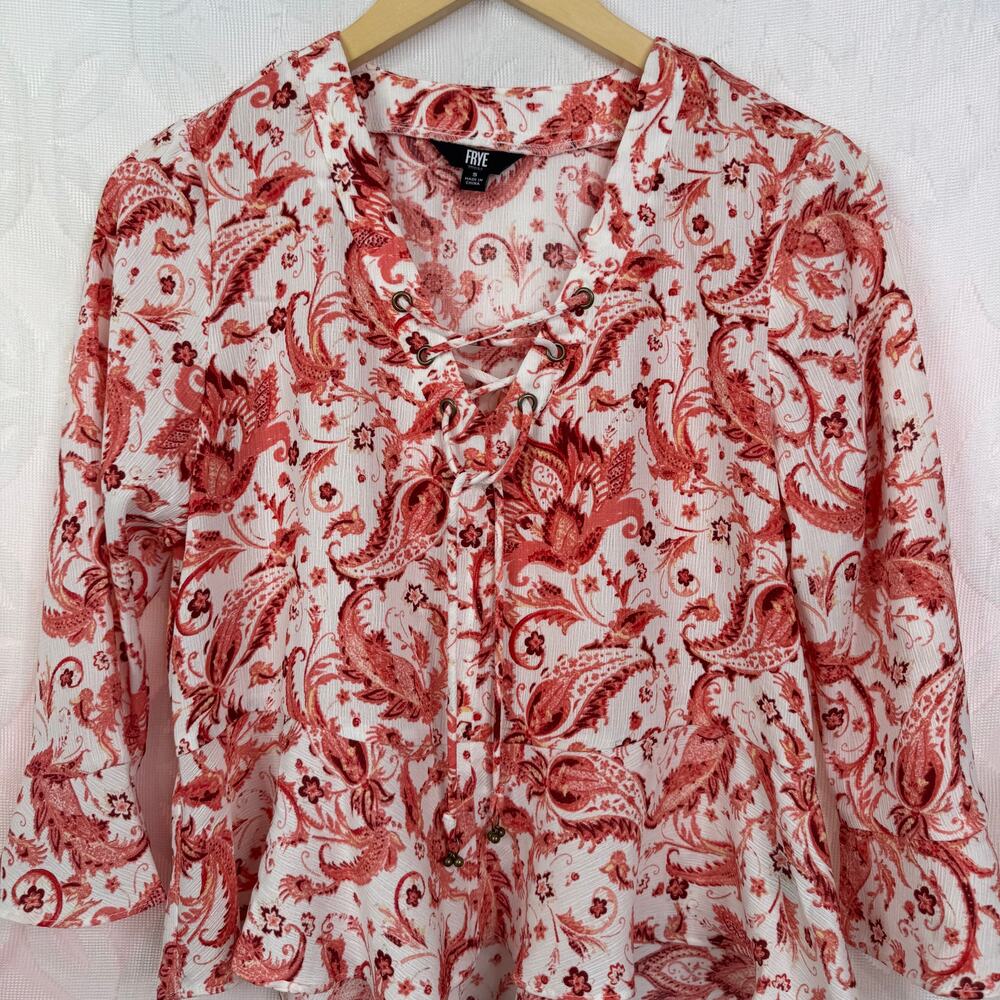 One World Red Paisley Lace-Up Women’s Top - Picture 3 of 6